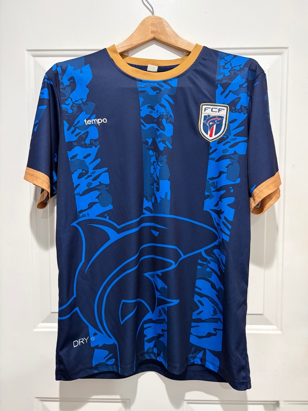 Cape Verde Soccer Jersey, Navy with Shark Print, Large